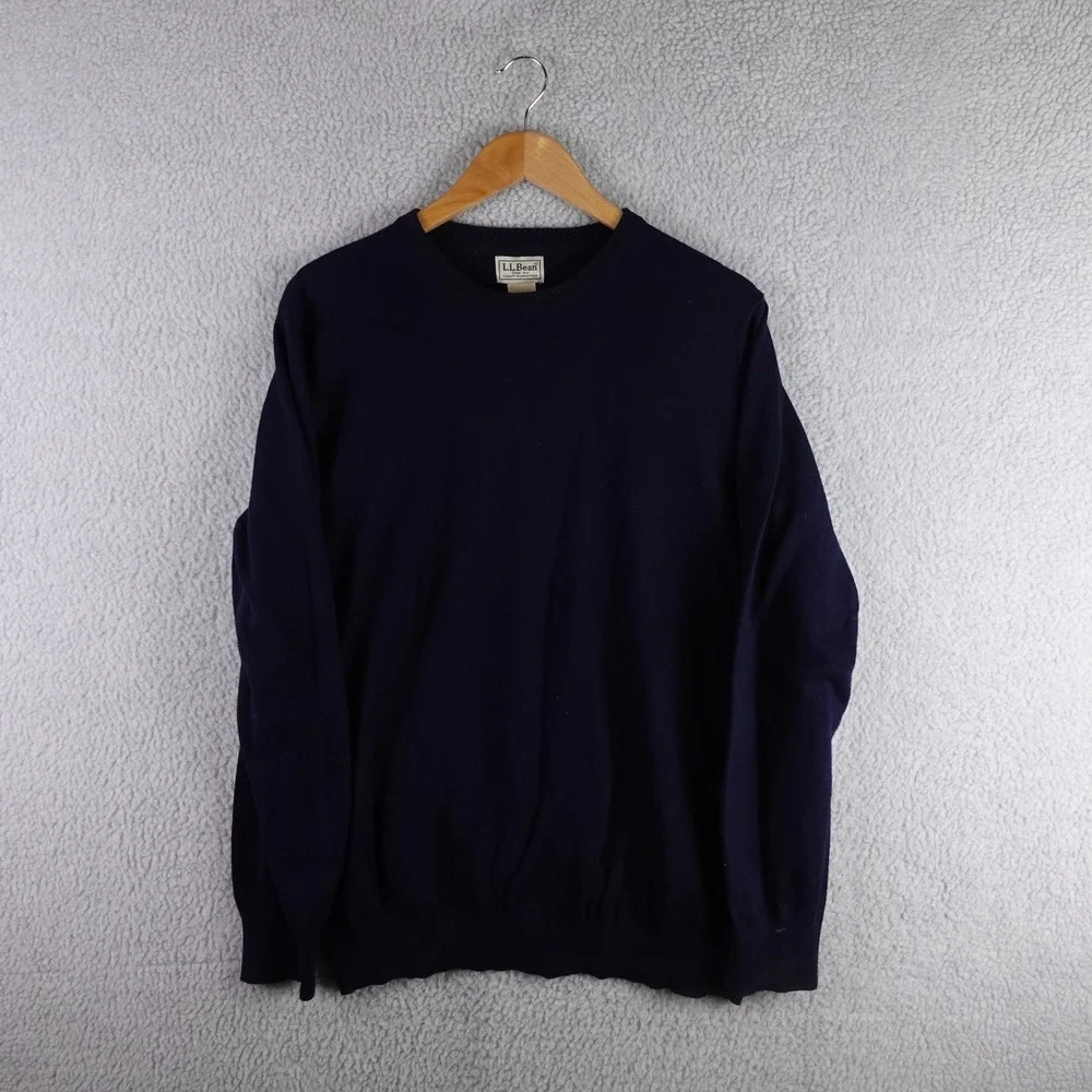 LL Bean Mens Navy Blue Cotton Cashmere Crewneck Sweater Large